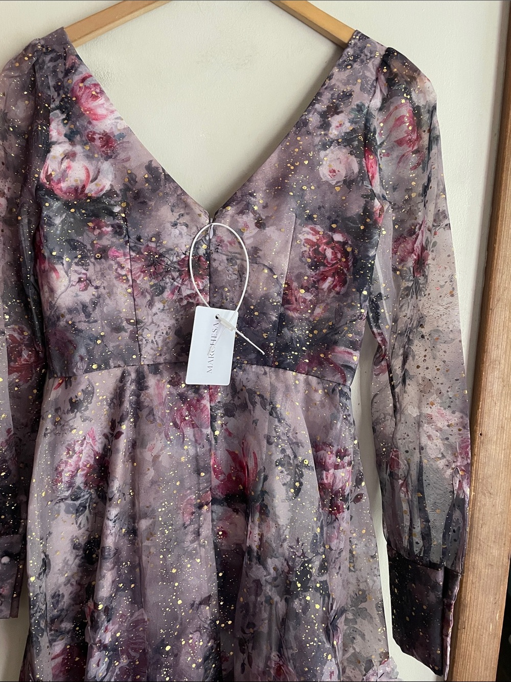 MARCHESA Twisted Floral Appliquéd Printed Organza Gown Mauve Lilac - Picture 13 of 16